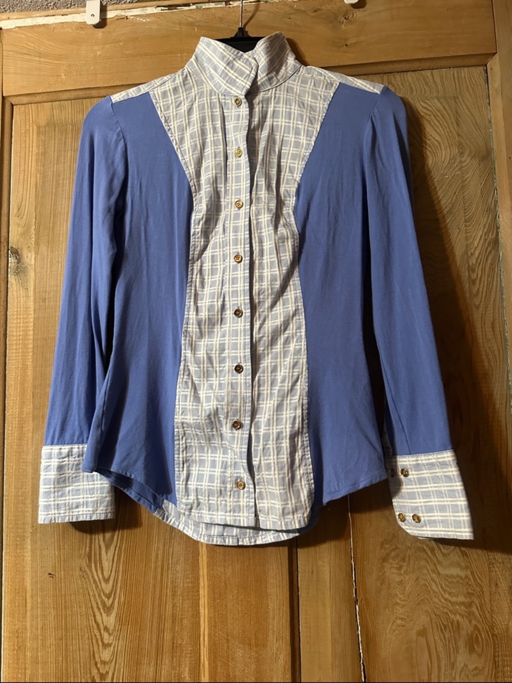 Le Fash Blue Plaid Panel Button-Front Women's  Show Top